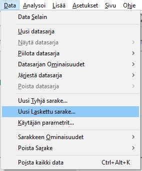 Uuden sarakkeen laskeminen alkaa valitsemalla Data -valikosta