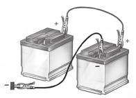 AKKU 12 V Käynnistysapu Jos akku on purkautunut, auto voidaan käynnistää ulkopuolisella akulla (erillinen tai toisen auton akku). A. Autettavan auton akku (Moottoritilassa). B. Apuakku. C.