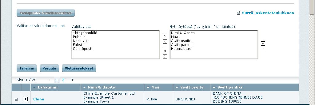 6. Vastapuolet Valitsemalla Trade Finance -päävalikolta Vastapuolet saat listattuina kaikki jo tallennetut vastapuolet (esim.