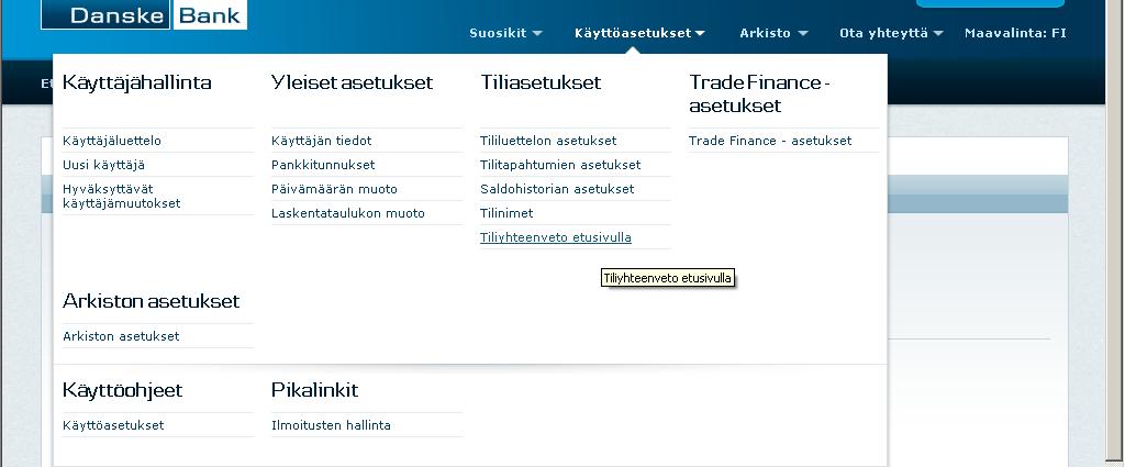 8. Käyttöasetukset/Yleiset asetukset Käyttäjän tietoja, Päivämäärän muotoa ja Laskentataulukon muotoa pääset muuttamaan Business Onlinen päävalikosta valitsemalla Käyttöasetukset.