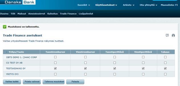 Trade Finance asetukset Trade Finance palvelu aktivoituu vasta kun olet päivittänyt henkilökohtaiset Trade Finance asetuksesi.