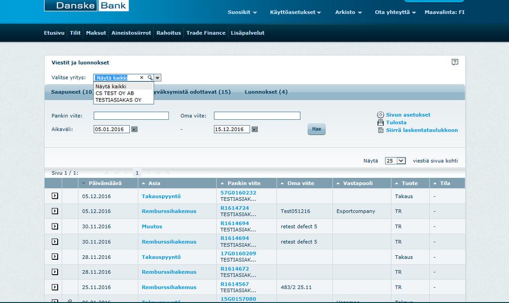 Lähetetyt Lähetetyt -laatikkoon tallentuvat kaikki pankkiin lähetetyt toimeksiannot ja viestit. Valitse ensin yritys.