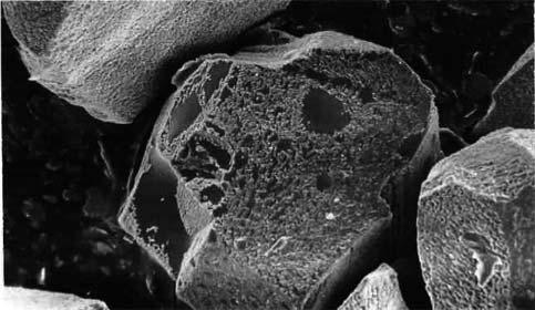 Kuva 2. SEM -kuva kromiittihiekkarakeen pinnasta sen jälkeen, kun rae on ilma-atmosfäärissä kuumennettu 1450 C:ssa (Haapala 1976) Kuva 1.