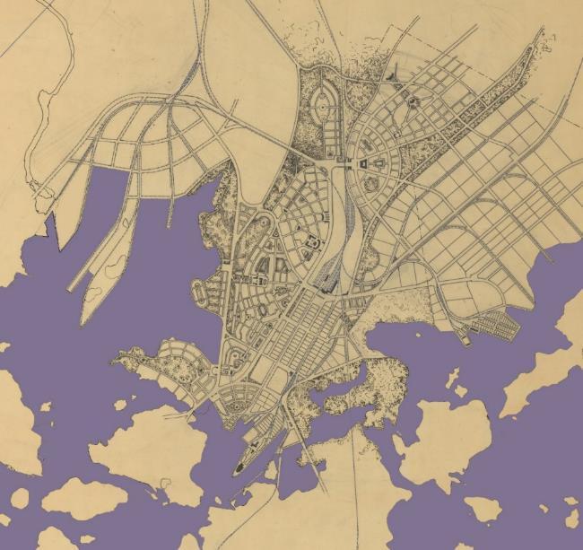 Suunnittelun l ähtökohtia: historia Eliel Saarisen ensimmäisessä suunnitelmassa (1915) esitetään vientiteollisuutta palveleva teollisuusalue sataminen ja junanratoineen sekä siihen länsipuolella
