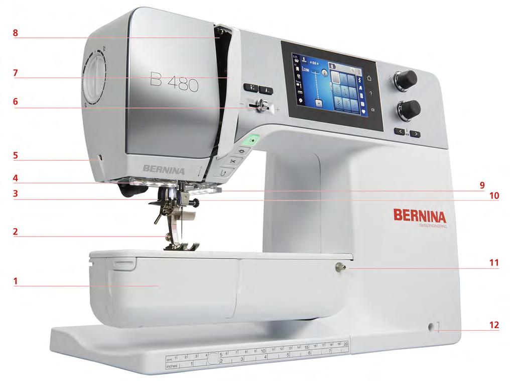 My BERNINA Kone edestä 1 Etuluukku 7 Langannostajan suojus 2 Paininjalka 8 Langannostaja 3 Neulalangoitin 9