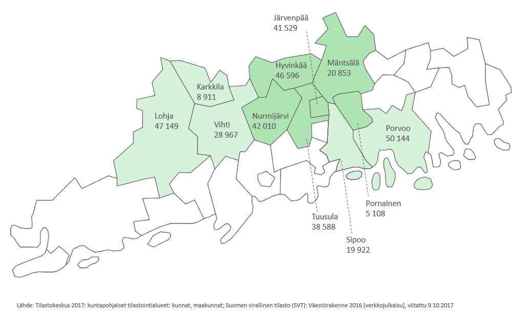 LAAJENNETUN KOKEILUN SUUNNITTELUUN OSALLISTUNEET KUNNAT JA NIIDEN VÄESTÖ Väestö Hyvinkää 46 596 Järvenpää 41 529 Nurmijärvi 42 010 Tuusula 38