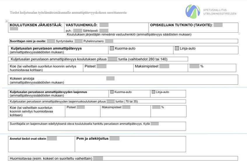 Lomake 1 malli: Kokeesta ja suorittajasta