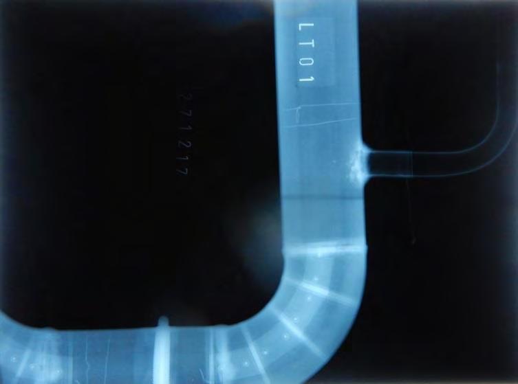 LTO1: Kuvatulta dimensioltaan isommalta putkiosuudelta ei havaittu syöpymiä. Kuvausalueen dimensioltaan isomman putkilinjan päittäishitseissä erottuu yleisimpiä hitsausvirheitä (mm.