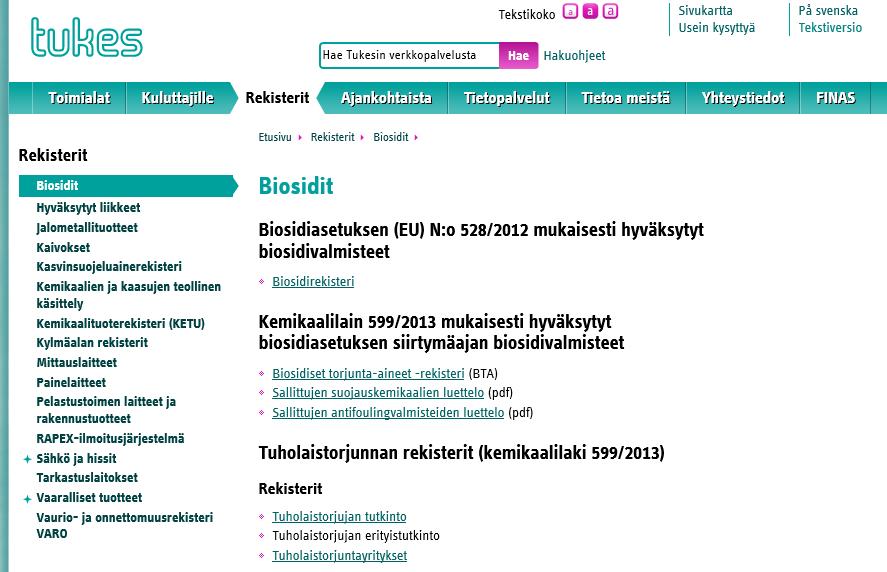 Tukes, biosidirekisterit Jyrsijämyrkyt, osa: PT8, PT18, PT19 Kansalliset PT18