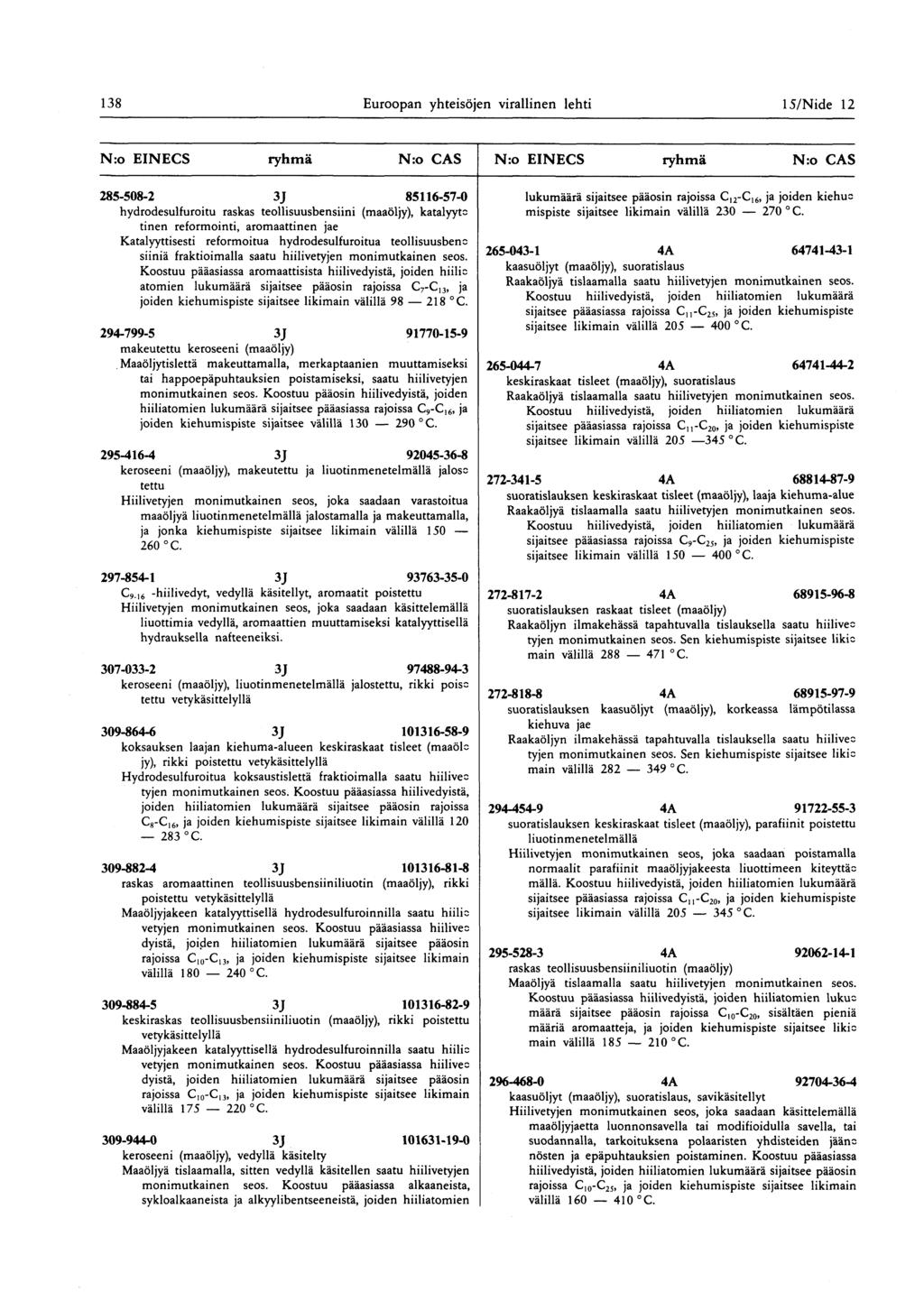 138 Euroopan yhteisöjen virallinen lehti 15/ Nide 12 N:o EINECS ryhmä Nro CAS N:o EINECS ryhmä N:o CAS 285-508-2 3J 85116-57-0 lukumäärä sijaitsee pääosin rajoissa C l2-c16, ja joiden kiehu