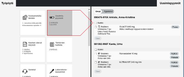 Listatuista lääkemääräyksistä valitaan se jolle uusimispyyntö halutaan tehdä. Uusimispyyntö voidaan tehdä jos lääke on osittain tai kokonaan toimitettu.