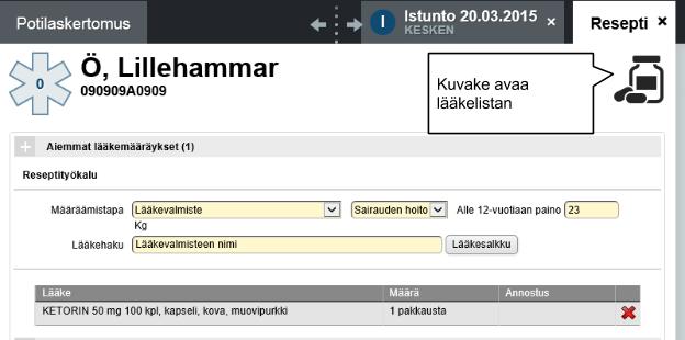 Kun käyttäjä lisää eresepti kertomusalkiolle muun tyyppisen reseptin kuin Hoitotarvike, lisätään istunnolle otsikko Lääkehoito prosessivaiheeseen toteutus (resepti tarkoittaa lääkehoidon toteutusta).