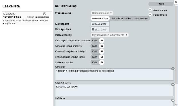 Lääkemerkintä avaa lääkelistan ao. lääke avattuna. Lääkityksen tietoja voidaan täydentää ja lisätä tietoja. Muutetut tiedot eivät mene reseptille vaan jäävät lääkemerkinnälle.