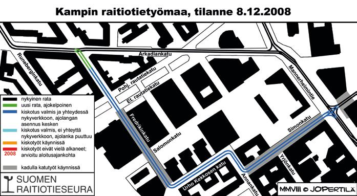 Daniel Federley KUULUMISIA KAMPISTA Työt loppusuoralla Kampin raitiotien rakentaminen on edennyt loppusuoralle:tätä kirjoitettaessa ajolangat on asennettu koko rataosuudelle, mutta kiinnityksiä