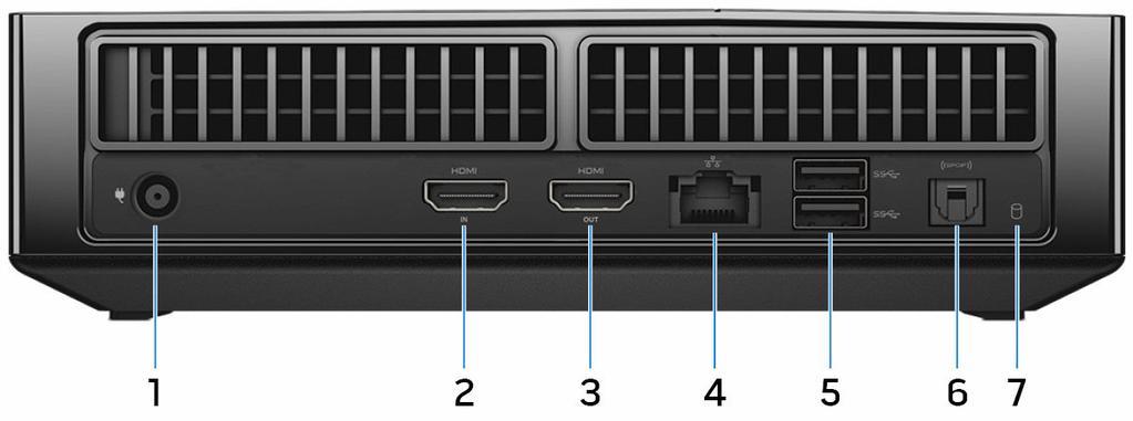 Takana 1 Verkkolaiteportti Kytke verkkolaite saadaksesi tietokoneeseen virtaa. 2 HDMI-tuloportti Kytke pelikonsoli, Blu ray-soitin tai muu HDMI lähtölaite.