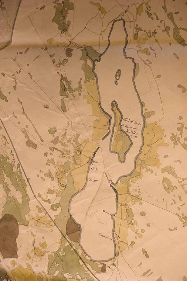 Köyliönjärven ympäristöä 1700-luvun sotilaskartassa, jossa pellot