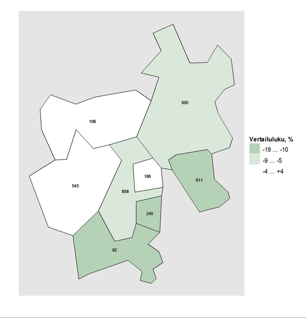 Kartta 1. Vammojen ja myrkytysten aiheuttamat hoitojaksot alueen kunnissa vuosina 2011 2015, vertailutiedot koko maan tilanteeseen. Kartta: Maanmittauslaitoksen Yleiskartta 1:4 500 000, 2011.