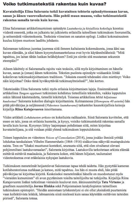 Vasemmalla kokeneen taiteilija- kirjoittajan tutkivaa kirjoittamista käsittelevän väitöskirjan kuvaus. Alla lähdetiedot.