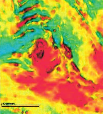 Kuva 5. Aeromagneettinen kartta. Mitä punaisempi, sitä enemmän on kallioperässä magnetiittia.