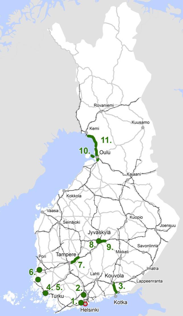 Merkittävimmät suunnittelukohteet 2018 - tiet TIEKOHTEET 1. Kehä I pullonkaulat, Maarinsolmu Vt 1, Espoo 2. Keski-Uudenmaan poikittaisyhteydet: Nurmijärvi-Järvenpää 3. Vt 15 Kotka-Kouvola 4.