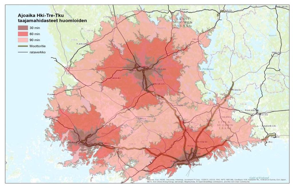 Helsinki Turku Tampere-kasvukolmion toiminnallisen alueen laajentuminen ETELÄ- JA LOUNAIS-SUOMEN SUURALUE (ajoaika/väestö/vyöhyke Helsinki-Turku-Tampere)