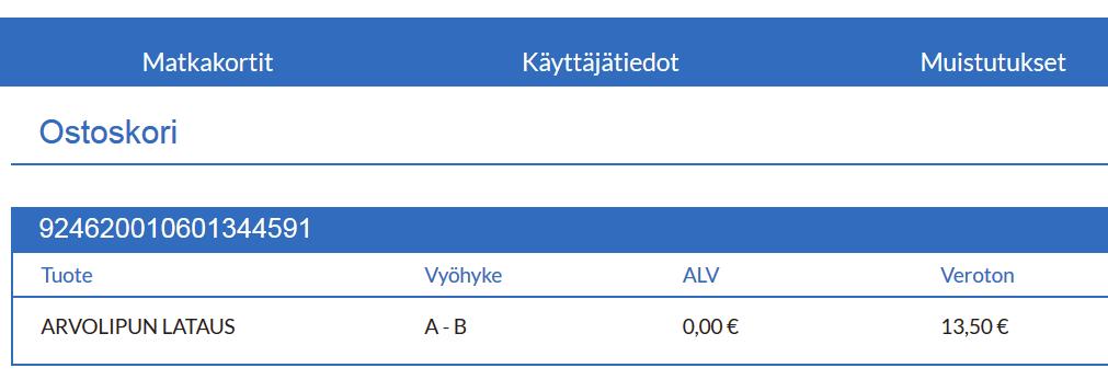 Nella Nettilataus Lataaminen bussissa Näet Matkakortit-listalta, mitä olet ostanut kortillesi. Kuvan kortilla on arvolippu, jolla voi matkustaa A- ja B-vyöhykkeillä. Kortilla on arvoa 13,50 euroa.