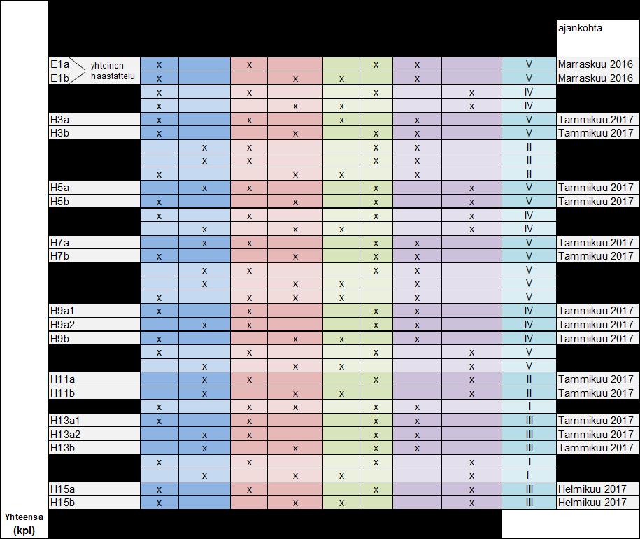 Taulukko 4. Testi- ja teemahaastatteluiden haastateltavien (E1a-E2b ja H3a-H15b) taustatiedot.