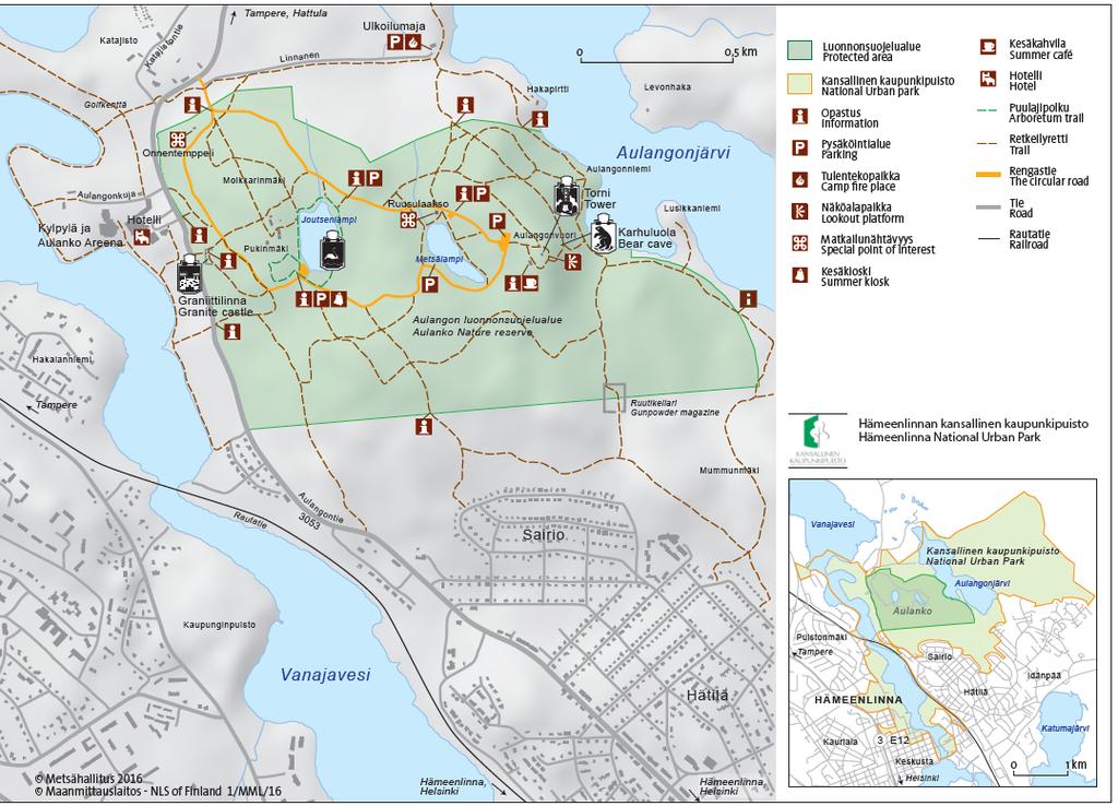 Kuva 3 Aulangon luonnonsuojelualue. Metsähallitus 2018, Maanmittauslaitos 1/MML/18. Taulukko 1. Aulangon luonnonsuojelualuetta kuvaavat tärkeimmät tiedot vuonna 2016-2017.