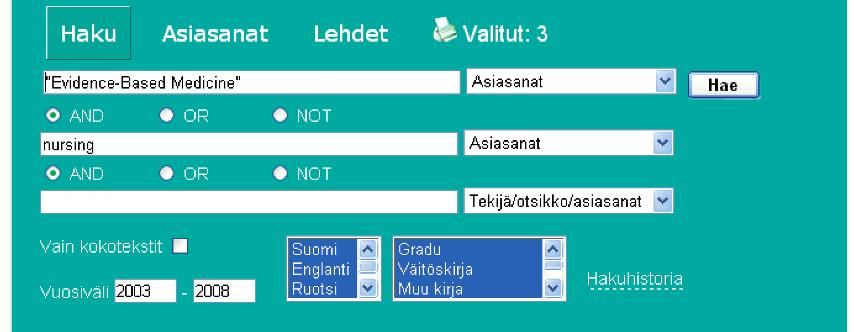 Aiheen mukainen haku kannattaa aloittaa suomenkielisellä hakusanalla ja käyttää katkaisumerkkiä.