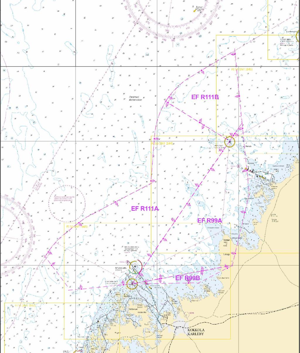 Lisää Inför Add EF R111B Ampuma-alue seuraavien pisteiden välille: Skjutområde mellan följande punkter Firing area between the following positions (1) 64 20.017'N 23 26.767'E (2) 64 26.350'N 23 03.