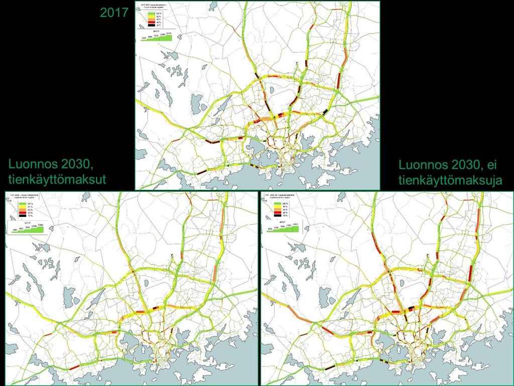 50 Kuva 22. Tie- ja katuverkon ruuhkautuminen aamuhuipputunnissa 2017, 2030 tiemaksuilla ja 2030 ilman tiemaksuja (musta/punainen kuvaa ruuhkaisia kohtia, vihreä ruuhkattomia kohtia).