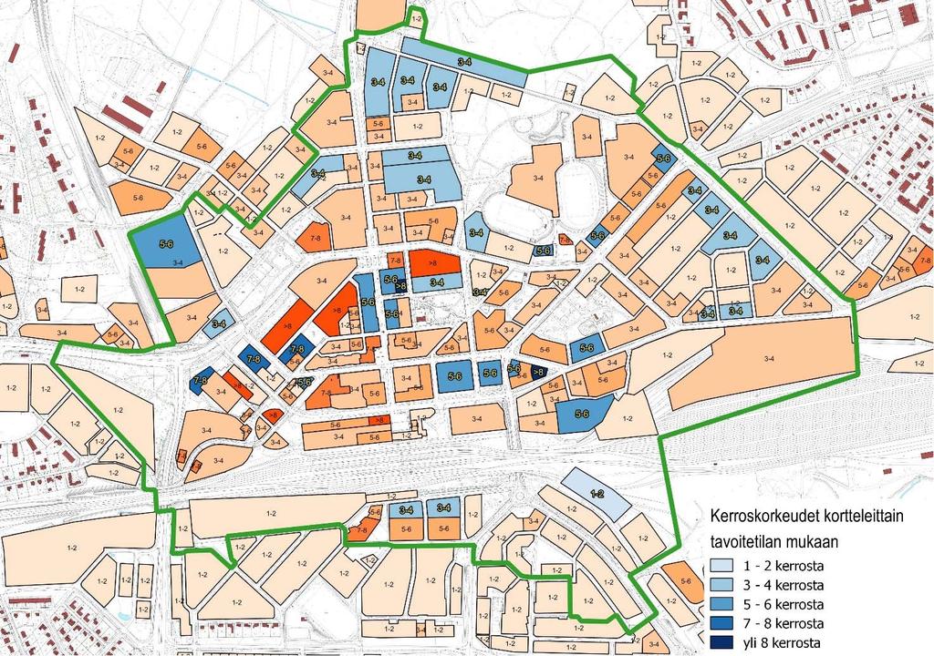 12 Kaupunkirakenteen tiivistäminen ja kaupunkikuva Karttaan on merkitty sinisellä kaupunkikuvan ja täydennysrakentamismahdollisuuksien kannalta olennaisimpien alueiden tavoitteelliset