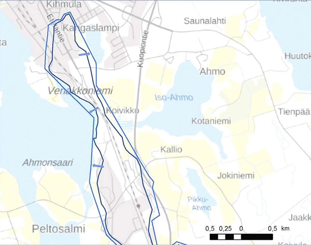 POHJAVESIALUEET OPAS MÄÄRITTÄMISEEN, LUOKITUKSEEN JA SUOJELUSUUNNITELMIEN LAADINTAAN Kuva 5. Esimerkki pohjavesialueen rajaamisesta alueella, jolla pohjavettä purkautuu vesistöön.