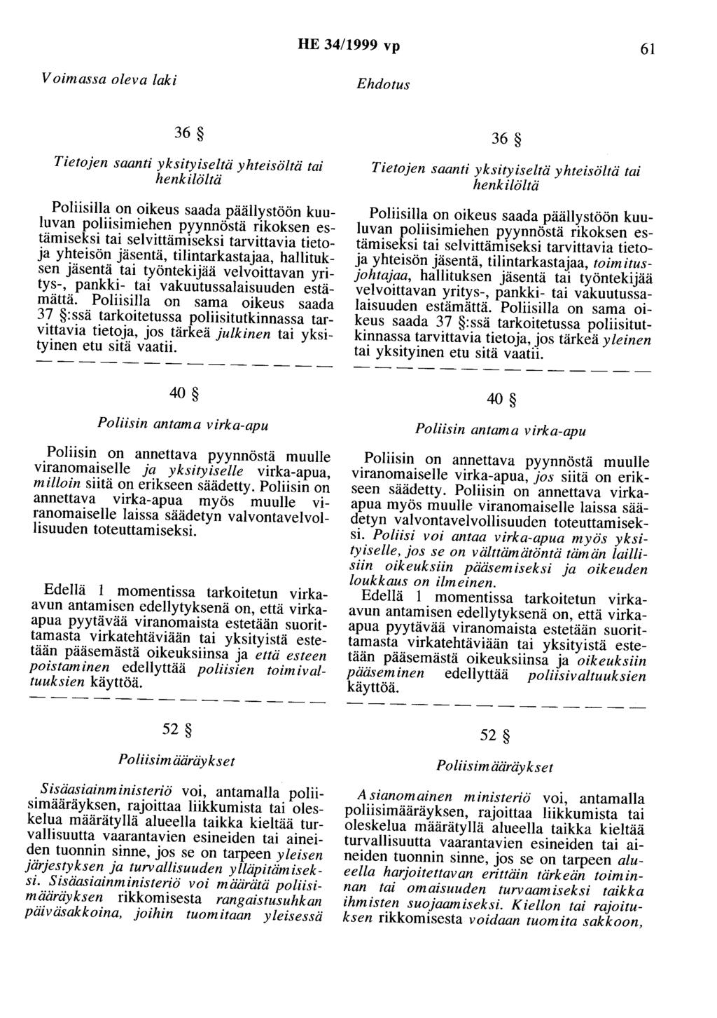 HE 34/1999 vp 61 Voimassa oleva laki Ehdotus 36 Tietojen saanti yksityiseltä yhteisöitä tai henkilöltä Poliisilla on oikeus saada päällystöön kuuluvan poliisimiehen pyynnöstä rikoksen estämiseksi tai