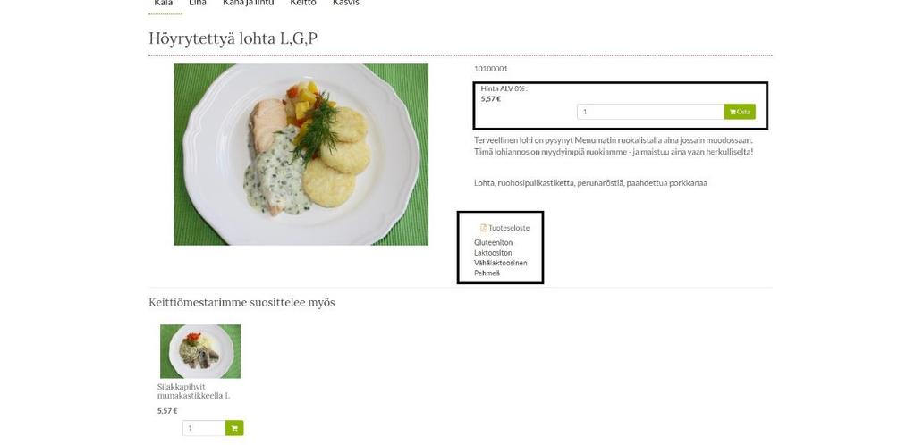 5. Klikkaamalla tuotteen nimeä saat auki tuotekortin, jossa näet kyseisen tuotteen tarkemman kuvan, kuvaustekstin tuotteesta ja erityisruokavaliomaininnat.