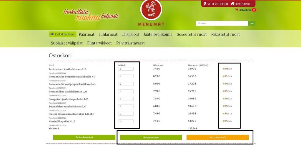 7. Ostoskorissa pystyt vielä muuttamaan tilaamiesi tuotteiden lukumäärää. HUOM: Pääruokien vähimmäistilausmäärä on aina vähintään 12 kpl.