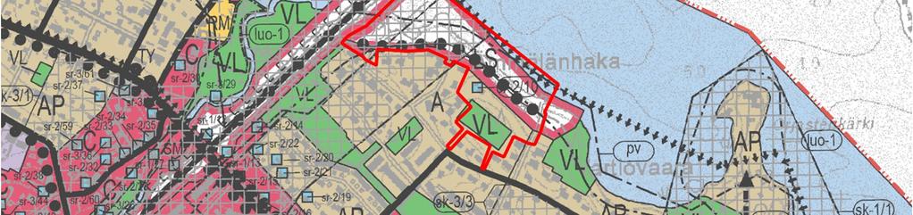 1983) alue on vesialuetta (W), puistoaluetta (VP), uimaranta-aluetta (VV), venevalkama-aluetta (LV), paikoitusaluetta (LP), sekä katualuetta (Vartiopolku ja Telakkapolku).