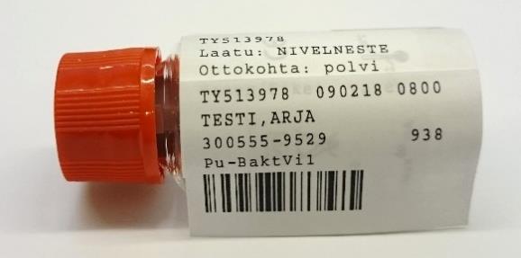 3.0/16.03..2018 11/1 3 Pu-BaktVi1 (3491, aerobi- ja anaerobiviljely) - Viivakooditarra pystysuoraan näyteputkiin/-purkkeihin sekä tarra, josta käy ilmi näytteenlaatu ja ottokohta.