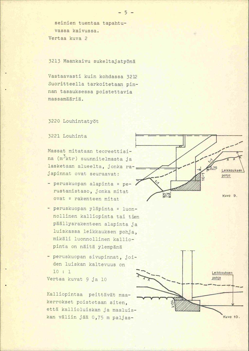 -5- seinien tuentaa tapahtuvassa kaivussa. Vertaa kuva 2 3213 Maankaivu sukeitajatydnä Vastaavasti kuin kohdassa 32 Suoritteella tarkoitetaan pinnan tasauksessa poistettavia mas samääi'iä.
