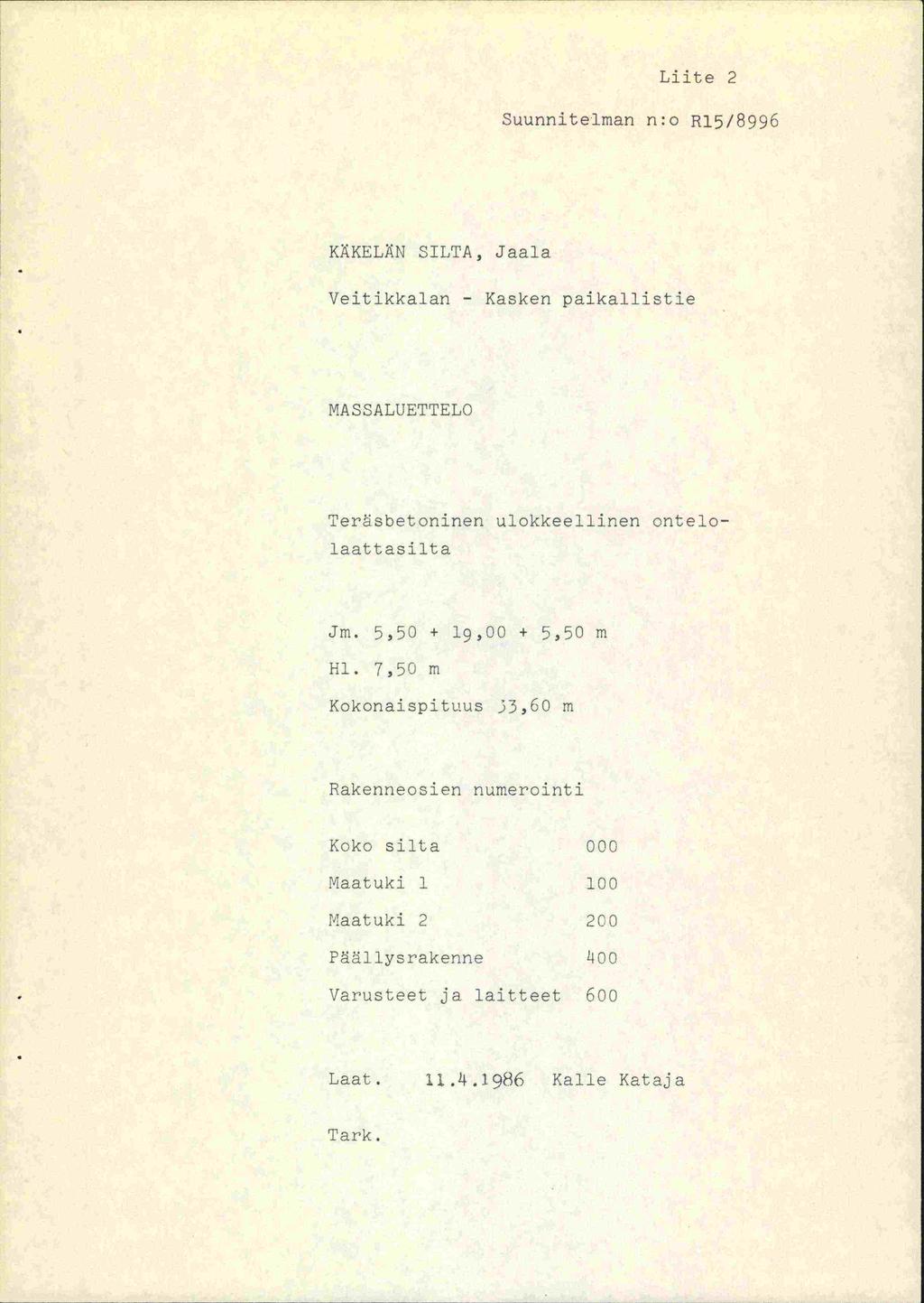 Liite 2 Suunnitelman n:o R15/8996 KKELJJ SILTA, Jaala Veitikkalan - Kasken paikailistie MASSALUETTELO Teräsbetoninen ulokkeellinen onte lolaattasilta Jm.