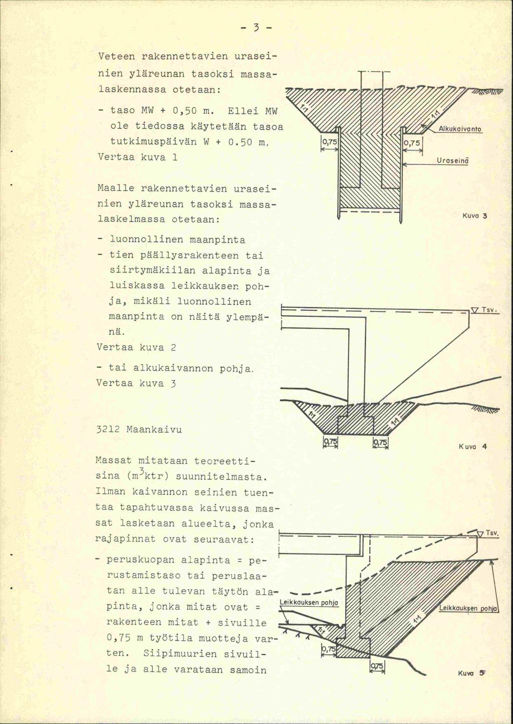 -3- Veteen rakennettavien urasei- nien yläreunan tasoksi massa- ILaskennassa otetaan: - taso MW + 0,50 m. Ellei MW ole tiedossa käytetään tasoa tutkimuspäivän W ^ 0.