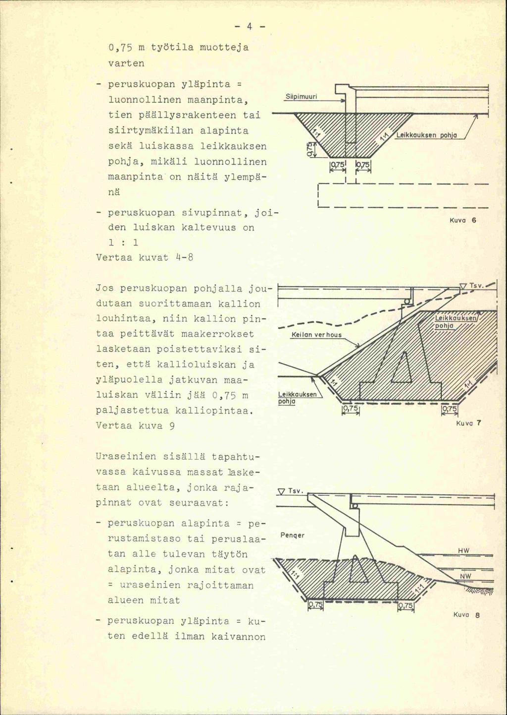 0,75 m työtila muotteja vart en -4- - peruskuopan yläpinta luonnollinen maanpinta, tien päällysrakenteen tai siirtymäkiilan alapinta sekä luiskassa leikkauksen pohja, mikäli luonnollinen maanpinta on