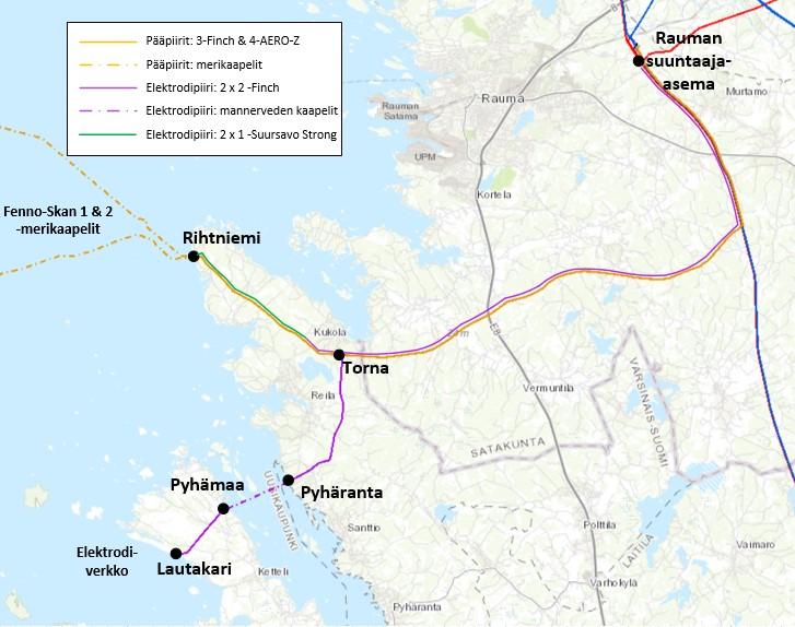 12 Kuva 7. Fenno-Skan-yhteyden Suomen puoleinen karttakuva. Pääpiirien avojohdot on esitetty kuvassa oranssilla viivalla (Rauma-Rihtniemi) ja merikaapelit keltaisella katkoviivalla.