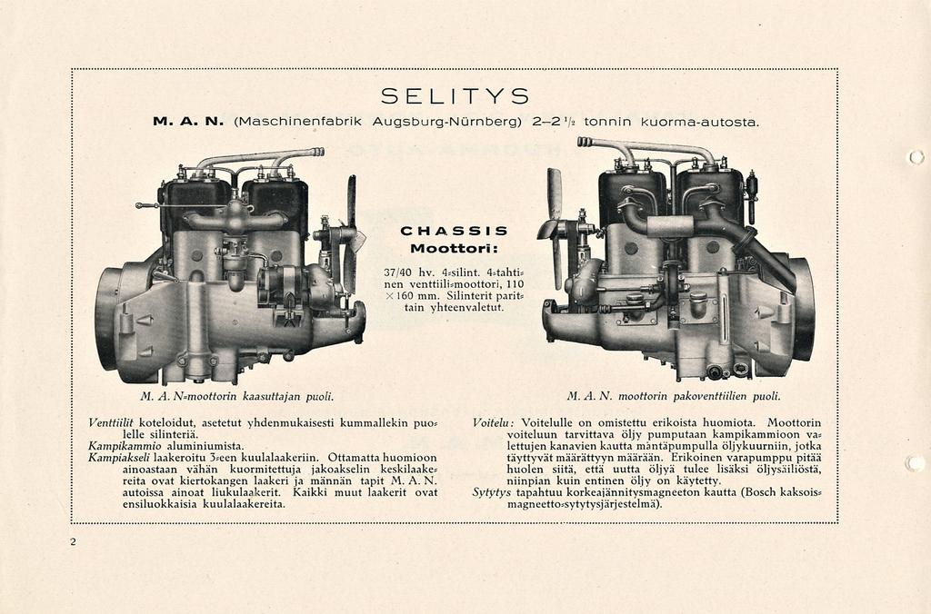 SELITYS M. A. IM. (Maschinenfabrik Augsburg-Nurnberg) 2-2 ' ;'2 tonnin kuorma-autosta C HASS I S Moottori: 37/40 hv. 4*silint. 4*tahti* nen venttiili*moottori, 110 160 mm.