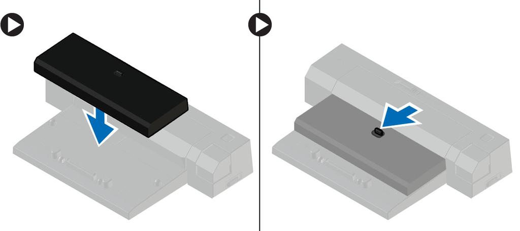 2 Tietokoneen telakoiminen Telakoi tietokone seuraavasti: a Aseta telakointivälikappale paikoilleen siten, että se napsahtaa kiinni telakkaan.