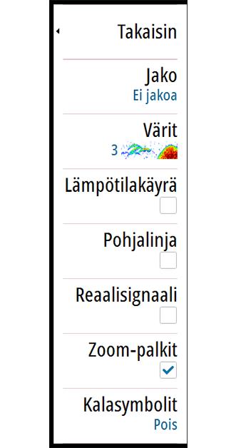 Tallennettujen kaikuluotaintietojen tarkasteleminen Sekä sisäiseen muistiin että ulkoiseen välineeseen tallennetut kaikuluotaintiedot saa näkyviin, kun kaikuasetusten valintaikkunassa valitaan Näytä