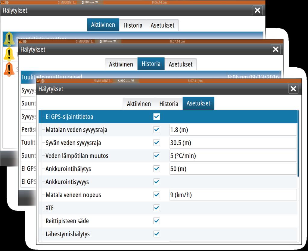 Hälytysten valintaikkunoissa on tietoa