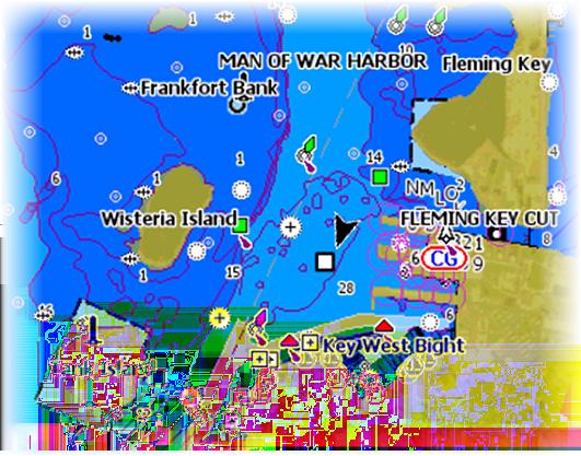 Turvasyvyys Insight- ja C-MAP-kartoissa käytetään sinisen eri sävyjä matalan (vaaleat sävyt) ja syvän (tummat sävyt) veden