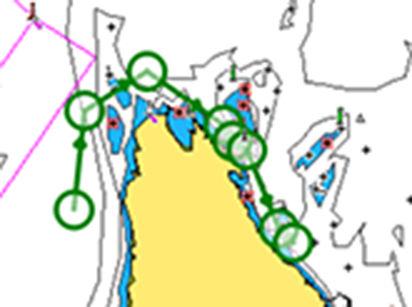 punaista (turvaton) ja vihreää (turvallinen) ja C-MAP taas käyttää punaista (turvaton), keltaista (vaarallinen) ja vihreää (turvallinen). 4.