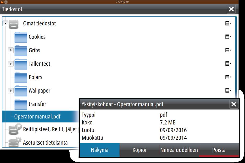 Käyttöohjeen selaaminen näytössä Yksikköön sisältyy PDF-katseluohjelma, jonka avulla käyttöohjeita ja muita PDF-tiedostoja pystyy lukemaan laitteen näytössä. Käyttöohjeet voi ladata osoitteesta www.